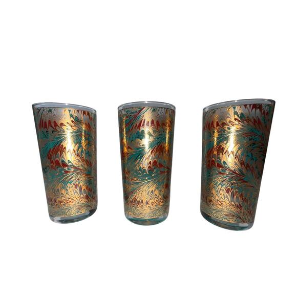 Vtg MCM Culver 12 Oz Marble Teal Double Highball Tumbler Glass 22K Gold Set 3 - Picture 3 of 8